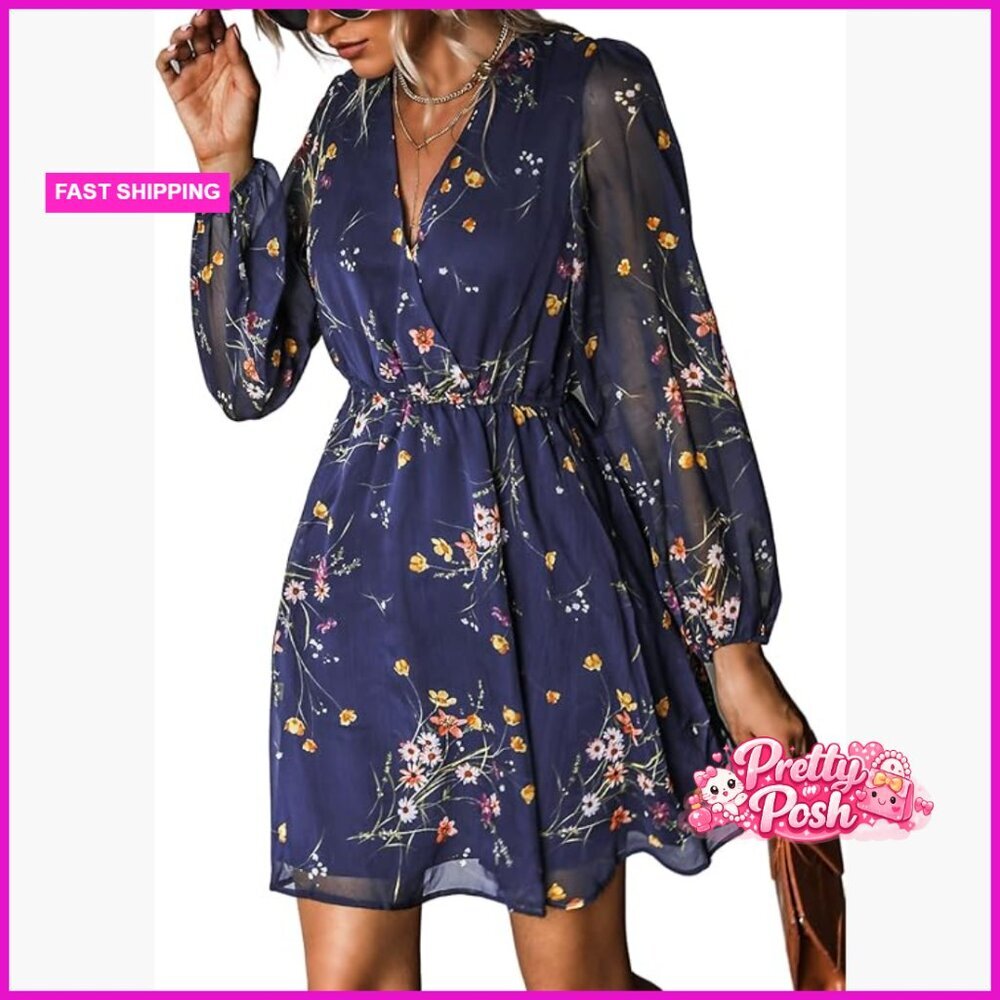 Chiffon V-Neck Mini Dress with Long Peasant Sleeves, Elastic Waist - Picture 1 of 7